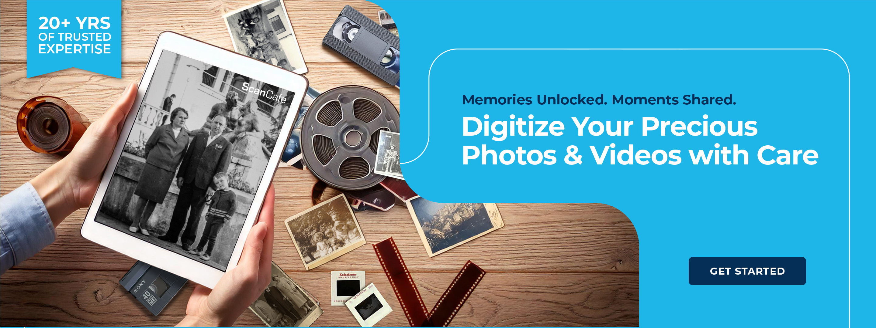 ScanCafe banner showing latest discounts on photo and video digitization